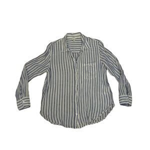 H & M Medium linen white & blue striped Button up Collar Shirt Top light